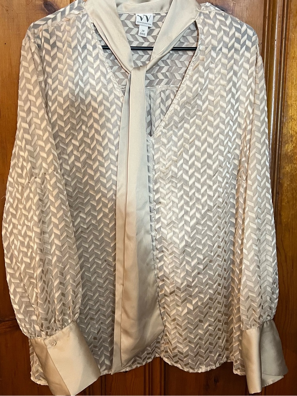 Worthington Cream Patterned Tie-Neck Blouse